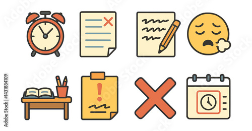 Urgent homework icons set: alarm, pencil, paper, and more. Vector icons