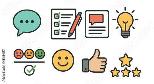 Comprehensive feedback icons set: flat style symbols for surveys and reviews. Vector icons