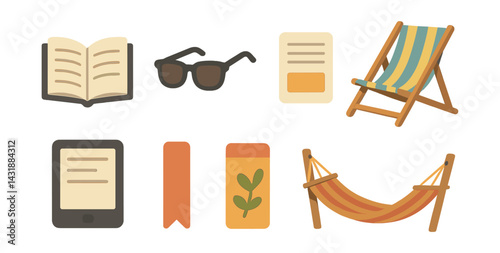 Summer reading essentials icon set: books, relaxation, and leisure in flat design. Vector icons