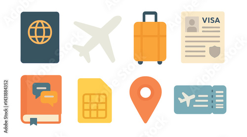 Essential icons for studying abroad: flat style passport, visa, luggage, flight, communication. Vector icons