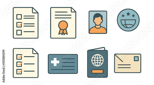 Essential study abroad icons set: passport, checklist, certificate, id, flat style. Vector icons