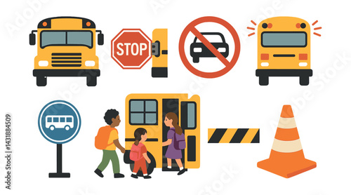 School bus safety icons set: flat style depicting key safety measures and signals. Vector icons