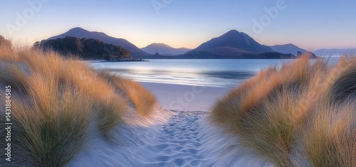 Serene Coastal Dawn: A Path Through Golden Sands to a Tranquil Beach