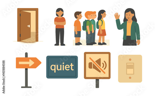 Classroom hallway transition icons set: flat style with students, teacher, and signs. Vector icons