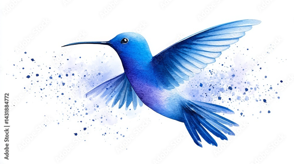 Obraz premium Watercolor Flying Hummingbird in Abstract Light - A vibrant blue hummingbird in flight, depicted in watercolor, surrounded by abstract light splatters. Symbolizing freedom, grace, beauty, nature