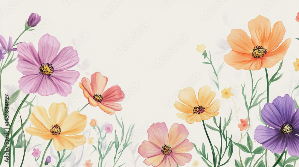 Fototapeta premium Elegant wedding invitation card background . Minimal hand painted watercolor Cosmos flowers texture template background. Design for wedding, vip cover, poster, rsvp moderncard.Valentine's Day