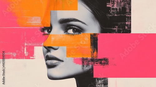 Modern Abstract Portrait with Vibrant Pink and Orange Elements