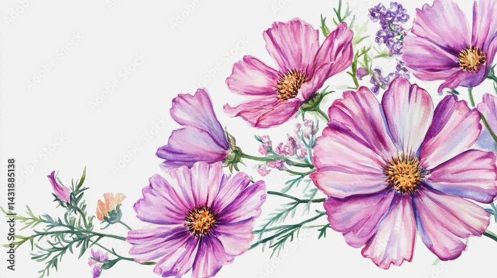 Obraz premium Elegant wedding invitation card background . Minimal hand painted watercolor Cosmos flowers texture template background. Design for wedding, vip cover, poster, rsvp moderncard.Valentine's Day