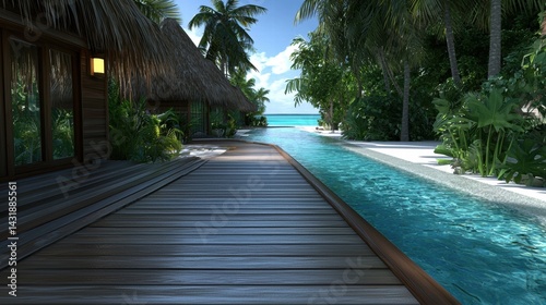 Fototapeta Naklejka Na Ścianę i Meble -  Exotic jungle resort with infinity pools and wooden walkways