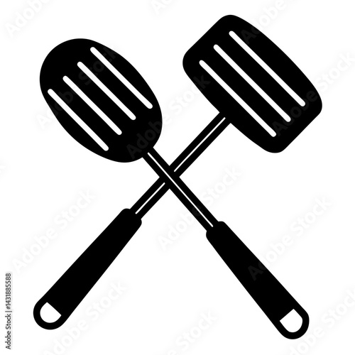 An isolated set of kitchen utensils, including a spatula, spoon, fork, and knife, essential cooking tools for any kitchen
