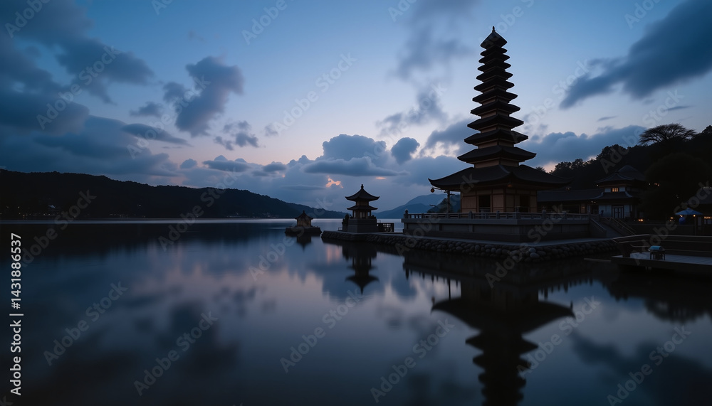 Obraz premium Elegant pagoda silhouette at twilight over tranquil lake, serene solitude