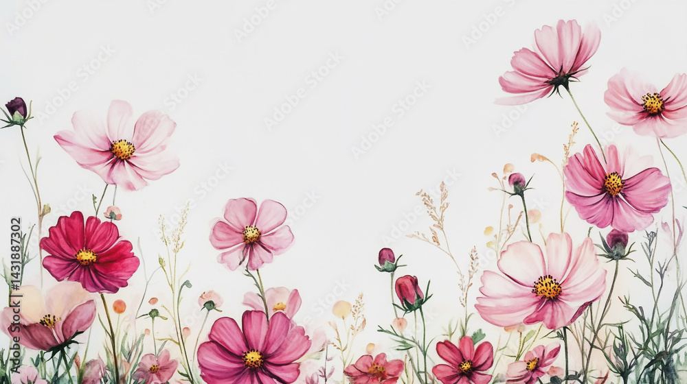 Fototapeta premium Elegant wedding invitation card background . Minimal hand painted watercolor Cosmos flowers texture template background. Design for wedding, vip cover, poster, rsvp moderncard.Valentine's Day