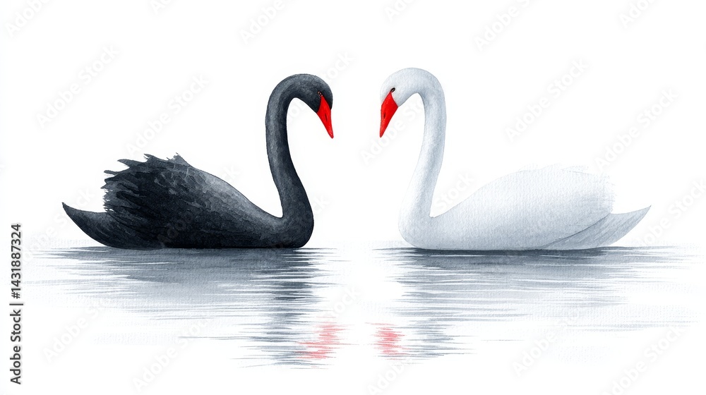Fototapeta premium Watercolor Swans: A Black and White Encounter - A graceful black swan and a pristine white swan meet on calm water, symbolizing contrast, balance, duality, unity, and elegance