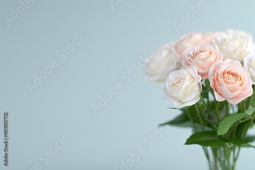 White and blush pink roses bouquet, Minimalist blue background, Modern floral arrangement, Copy space for text, Delicate pastel color scheme, Elegant flowers display