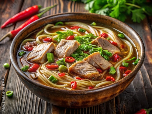 Steaming Bowl of Asian Pork Noodle Soup with Fresh Herbs