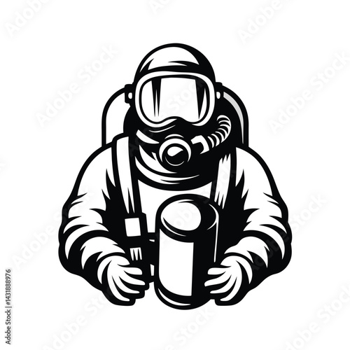 Isolated Monochrome Silhouette Person in Hazmat Suit Holding Container Bold Design