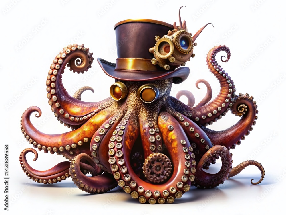 Obraz premium Steampunk Octopus: Minimalist Fashion Illustration - Mechanical Tentacles, Futuristic Apparel