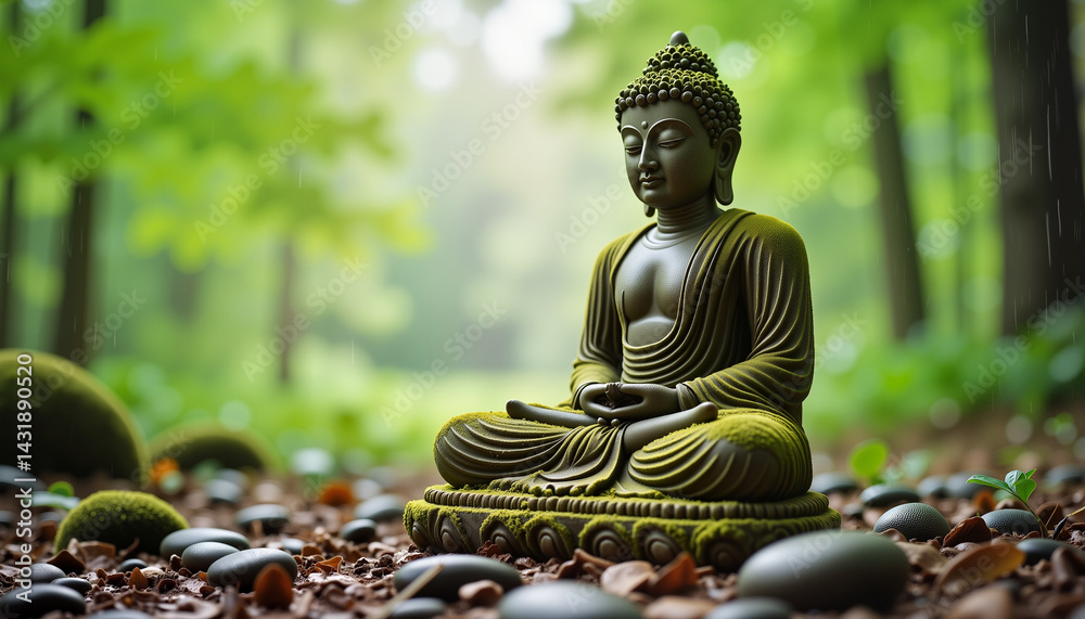 Fototapeta premium Ancient Buddha statue in peaceful forest during gentle rain, tranquility