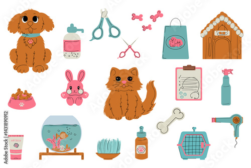 Pet shop, veterinary shop supplies. Vector set for pet shop. Collection for pets in doodle style. Accessories for pets