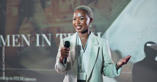 Obraz na płótnie Business, speech and black woman at seminar for motivation at tech conference with mic. Convention, presentation and keynote speaker at event for story, advice and inspiration with happy programmer w salonie