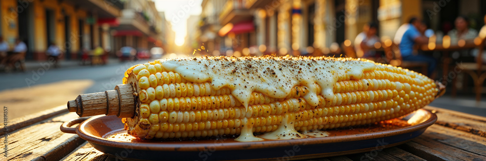 corn under cheese with pepper on a table in a street cafe, Cuba traditional food
