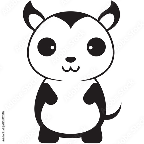 An adorable chibi-style creature, radiating innocent joy with big, expressive eyes and a cheerful, simple design in black and white.
