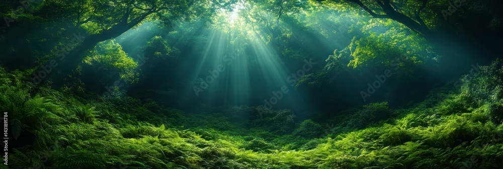 Fototapeta premium Sunbeams in Lush Forest.