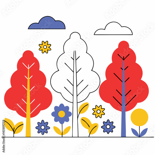 A cheerful autumnal landscape featuring vibrant trees, blooming flowers, and fluffy clouds in a bold, minimalist style.
