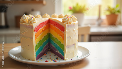 Colorful rainbow cake in cozy kitchen setting, celebrating Pride Month