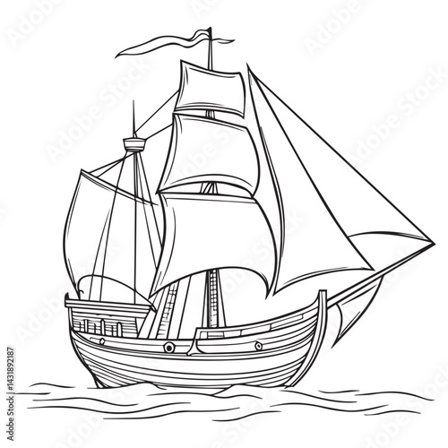 Vintage Sailing Ship Line Art – Nautical Maritime Vector Illustration