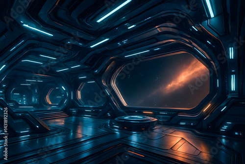 Futuristic spaceship interior with cosmic view.
