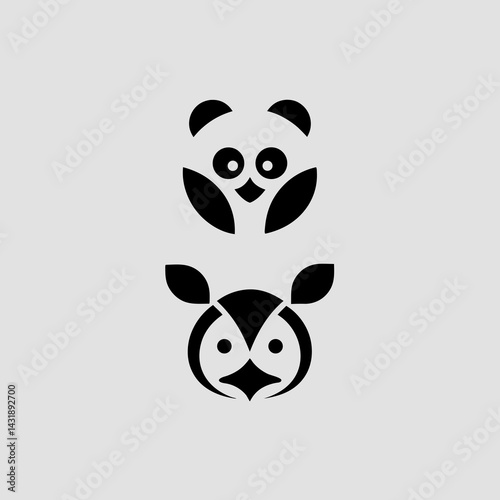 Playful panda and wise owl in minimalist black and white design.