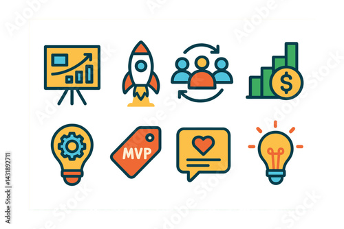 Flat vector icons of startup essentials: pitch deck, rocket launch, team collaboration, funding chart, product idea, MVP tag, user feedback, innovation lightbulb.