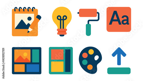 Flat vector icons of creative projects: sketchpad, idea bulb, paint roller, font choice, moodboard, layout grid, palette icon, upload arrow.
