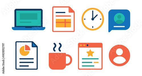 Flat vector icons of freelancer essentials: laptop screen, invoice sheet, time tracker, client chat, proposal doc, coffee mug, gig listing, personal brand.