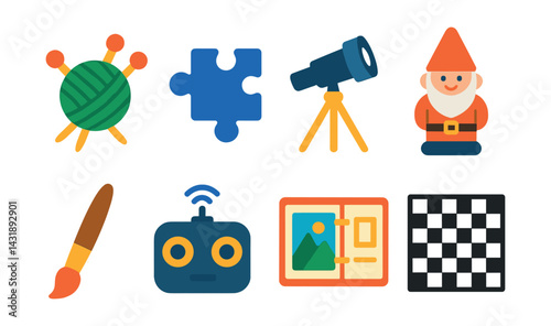 Flat vector icons of hobbies and passions: knitting needle, puzzle piece, telescope, garden gnome, painting brush, drone remote, scrapbook, chessboard.