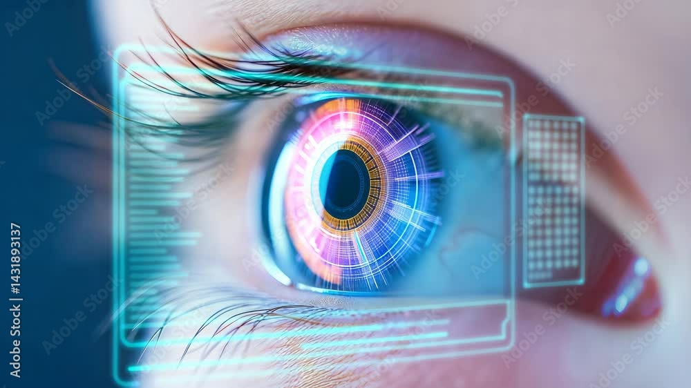 Detailed Close-Up of Human Eye with Holographic Technology Elements