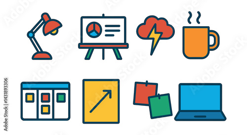 Flat vector icons of startup workspace: desk lamp, whiteboard, brainstorm cloud, coffee mug, task board, motivation quote, sticky notes, open laptop.