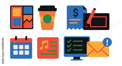 Flat vector icons of creative freelancing: moodboard layout, coffee to-go, invoice symbol, pen tablet, calendar app, music playlist, monitor with task list, email alert.
