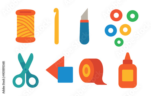 Flat vector icons of hobby craft: yarn spool, crochet hook, craft knife, colorful beads, scissors, paper shapes, ribbon roll, glue bottle.
