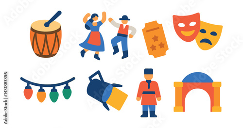 Flat vector icons of cultural event: drum performance, folk dancers, ticket stub, decorative masks, festival light string, stage spotlight, national costume, venue gate.