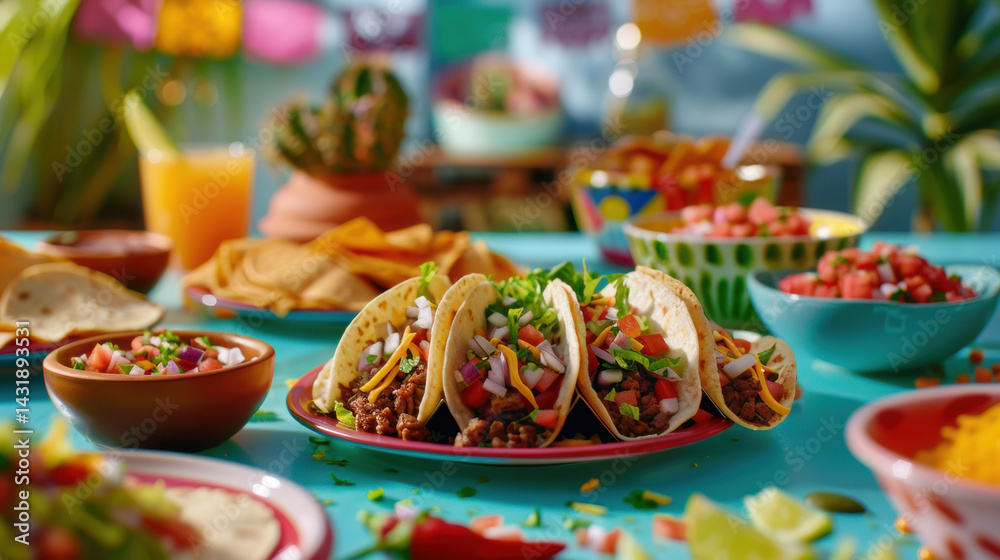 Fototapeta premium Vibrant Mexican Tacos with Lettuce, Salsa, and Cheese on Festive Background..