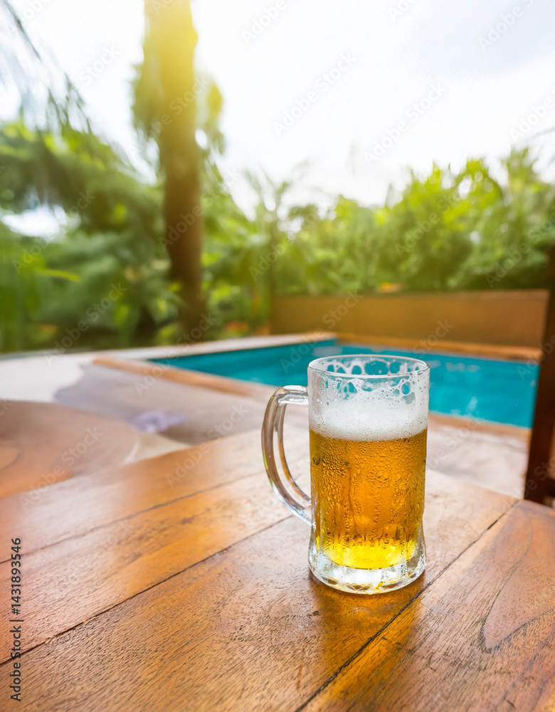 Cold Beer glass on the table at the open-air cafe.