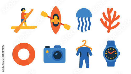 Flat vector icons of ocean activities: paddleboard, kayak, jellyfish, coral branch, lifebuoy, underwater camera, wetsuit hanger, dive watch.