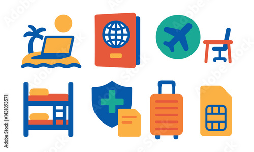 Flat vector icons of digital nomad lifestyle: laptop on beach, passport, airplane mode icon, remote desk, hostel bunk, travel insurance, suitcase, local SIM card.