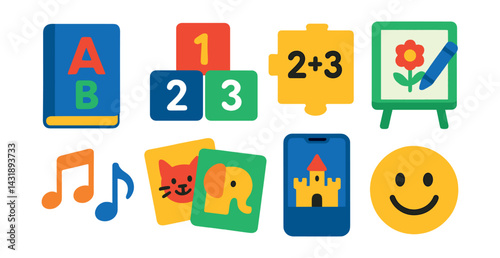 Flat vector icons of children's learning: alphabet book, colorful blocks, math puzzle, drawing board, music notes, animal flashcards, storytelling app, smiley sticker.