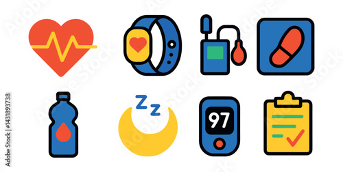 Flat vector icons of health monitoring: heart rate chart, fitness band, blood pressure cuff, steps counter, hydration reminder, sleep tracker, oxygen meter, activity log.