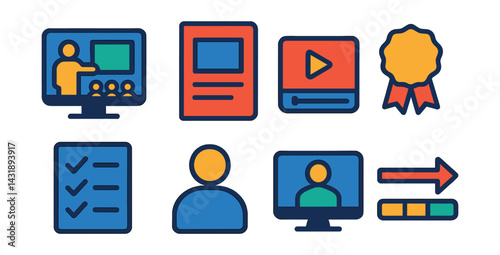 Flat vector icons of virtual education: online classroom, course module, video lecture, certificate badge, test sheet, student icon, tutor screen, learning progress bar.