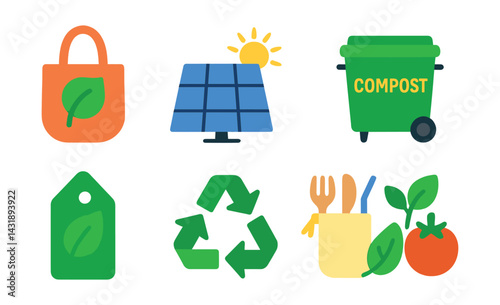 Flat vector icons of eco lifestyle: reusable bag, solar panel, green energy icon, compost bin, eco label, recycling arrows, zero-waste kit, plant-based food.