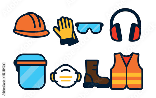 Flat vector icons of protective equipment: safety helmet, work gloves, protective glasses, ear muffs, face shield, dust mask, steel toe boots, work vest.
